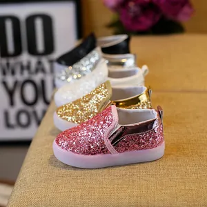 LED Flashing Sequin Shoes For Kids Girls Boys Toddler Slip On Sneakers Glitter Light Up Luminous Casual Flat Loafers Shoes