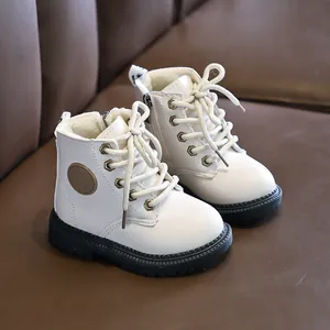 White children's Martin boots with lace-up side zipper and warm plush fleece lining