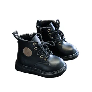 Kids black faux leather British style martin boots with thick anti-slip rubber soles