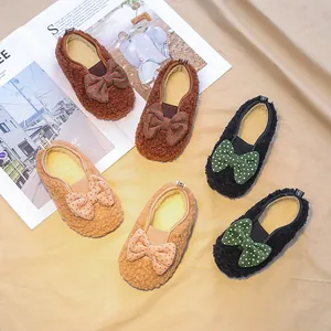 Kids Warm Lamb Wool Loafers Girls Autumn Winter Plush Shoes With Bowknot Polka Dot Pattern Non-slip Rubber Sole Cotton Shoes
