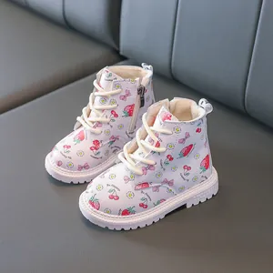 Cute white toddler girls' boots with strawberry prints and warm lining for autumn
