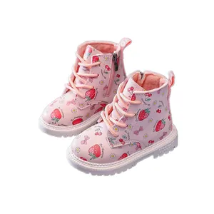Pink strawberry print girl's leather boots with thick warm lining and non-slip sole