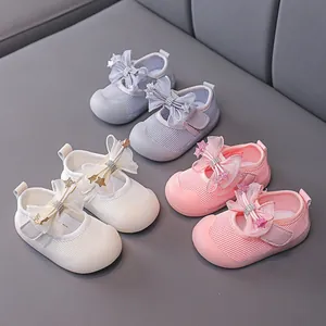 Cute toddler walking shoes with bows, breathable mesh in purple, white and pink colors