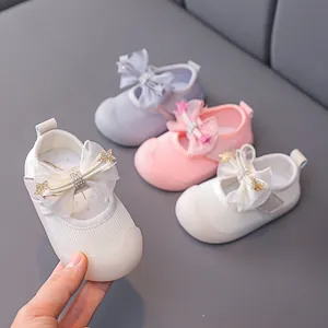 Toddler girl princess Mary Jane shoes with large satin bow and breathable mesh in white