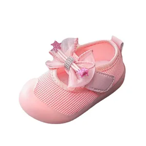 Pink breathable mesh baby shoes with sparkling bow and protective toe cap for toddlers