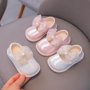 Baby Girls Princess Mary Jane Shoes Mesh Bow Artificial Pearl Decor Non-Slip PU Leather Flat Walking Shoes For Party Wedding