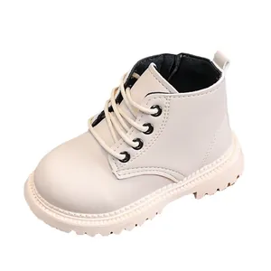 Cream white leather kids combat boots with side zipper and thick non-slip rubber soles