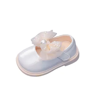 Toddler girl pearl white square toe princess shoes with mesh bow and bead details