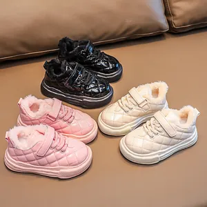 Kids Winter Warm Shoes Quilted Faux Leather Plush Lined Sneakers For Boys Girls Velcro Closure Non-Slip Cotton Boots