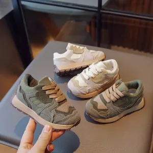 Kids vintage suede mesh sneakers with non-slip rubber soles in neutral earthy colors