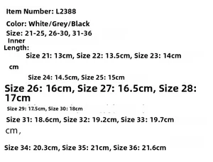 Size chart for kids breathable sneakers style L2388 in sizes 21 to 36 with measurements