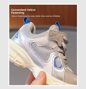 Macro detail of children sneaker with breathable mesh and Velcro closure for easy wear