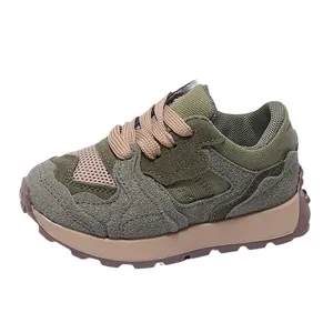 Kids vintage running shoes in olive green suede and mesh with non-slip rubber soles
