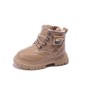 Kids quilted khaki patent leather martin boots with warm fleece lining and side zipper