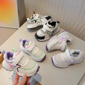 Breathable mesh kids sneakers with star pattern and velcro straps in various colors