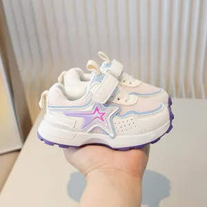 Kids' breathable mesh sneakers with star motif and hook-and-loop strap in purple and white