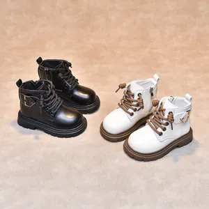 Classic British style kids Martin boots in black and white leather with side zipper