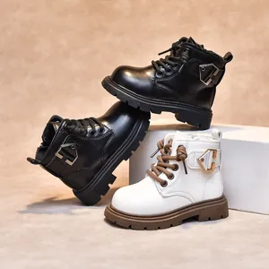 Classic kids Martin boots in black and cream leather with non-slip thick soles