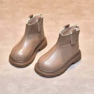 British style taupe leather boots for children with thick rubber soles and back zipper
