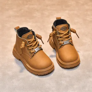 Bottines jaunes de style britannique pour enfants avec semelles en caoutchouc et cuir synthétique