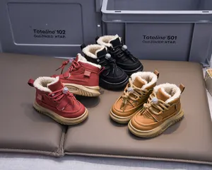 Winter kids warm boots in red black and brown with thick faux lamb wool lining