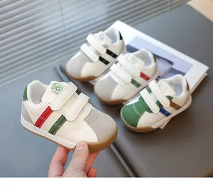 Detail of kids sneaker showing velcro strap and durable rubber sole in retro style