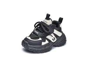 Detail of girls' chunky sneakers featuring breathable mesh and thick anti-slip sole