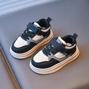 Waterproof kids casual sneakers in black white grey patchwork with velcro straps