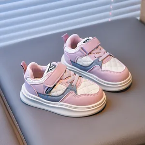 Kids waterproof sneakers in pink and beige patchwork leather with fashion velcro straps