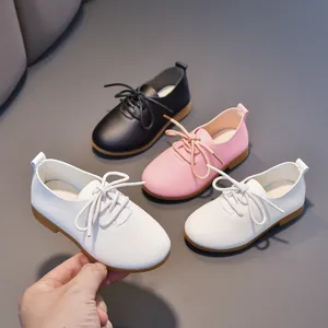 British style kids leather shoes with laces in black, white and pink colors