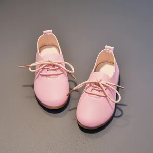 Pink matte leather low-top lace-up shoes for kids with durable rubber sole