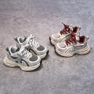 Kids breathable mesh sneakers with chunky cushioned sole in grey and burgundy colors