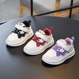 Kids velcro running shoes in black, red, and purple with anti-slip soles and mesh upper