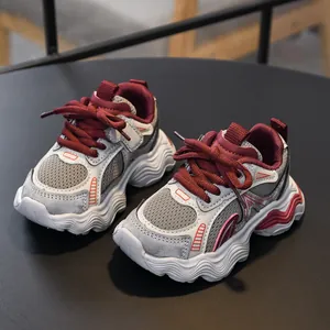 Toddler chunky sneakers with breathable mesh and burgundy retro contrast wavy sole