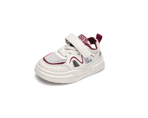 Detail of kids sport sandals featuring beige mesh material and burgundy accents