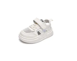Detail view of white kids sport sandals with breathable mesh and protective toe cap