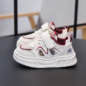 Kids lightweight breathable summer sports sandals in white and burgundy with velcro straps