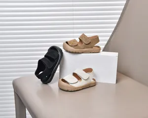 Toddler anti-collision sandals in black khaki and beige colors with dual velcro straps