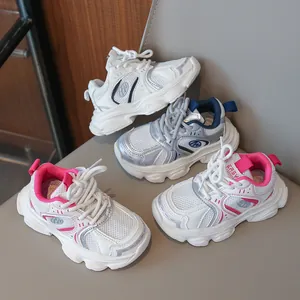 Breathable mesh kids sneakers in white black, blue and pink sporty chunky styles