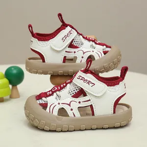 Detailed macro view of kids sport sandals showing breathable mesh and nonslip rubber sole