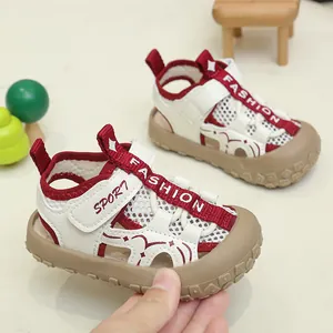 Close-up of kids sport sandal featuring breathable mesh and protective rubber toe cap
