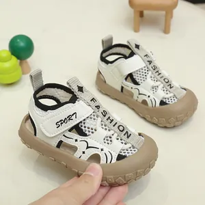 Detail showing the breathable mesh upper and anti-collision toe cap of toddler sandals