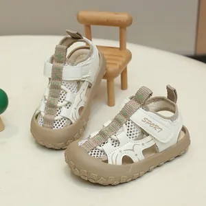 Detail of kids breathable mesh sports sandals with protective toe cap and velcro strap