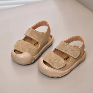 Toddler closed-toe summer sandals in khaki with adjustable dual velcro straps and soft soles