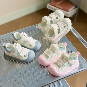 Three pairs of closed-toe baby sandals with non-slip rubber soles and double velcro straps
