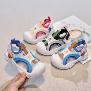Three pairs of breathable mesh kids sandals in blue, black, and pink with toe protection