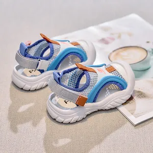 Close-up of children's summer sport sandals with breathable mesh and anti-slip thick rubber sole