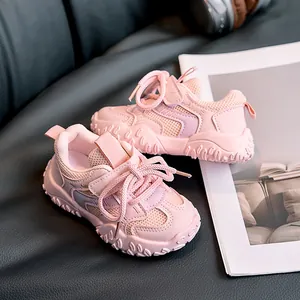 Pink kids' sneakers featuring breathable mesh, thick non-slip soles, and hook-and-loop straps