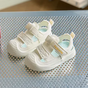 Toddler breathable closed-toe sandals in beige with soft non-slip soles and velcro straps