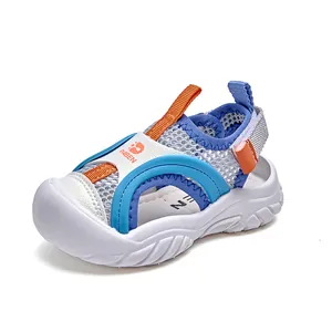 Kids breathable mesh sports sandals with closed-toe anti-collision design in blue and orange